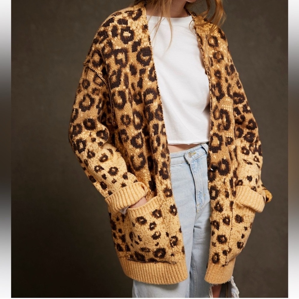 Free People State Side Cardigan in Yellow Leopard Combo Size Medium